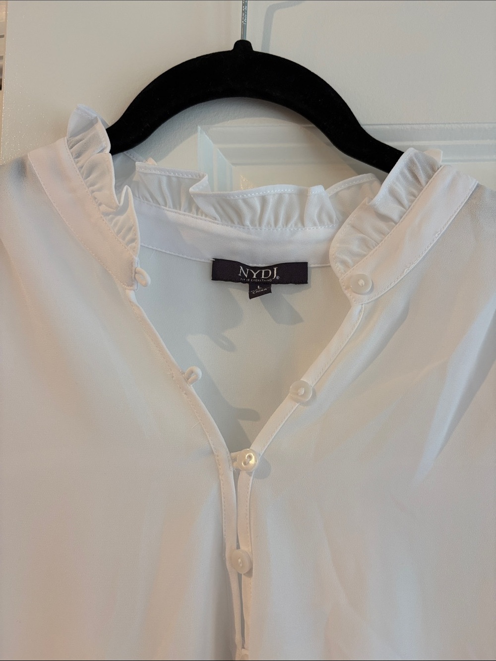 NYDJ White Ruffle Collared Button-Front Blouse - Picture 2 of 3